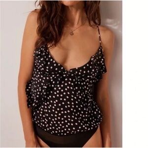Free People Womens Bodysuit Strappy Tank Size Medium Bella Black Combo Ruffle